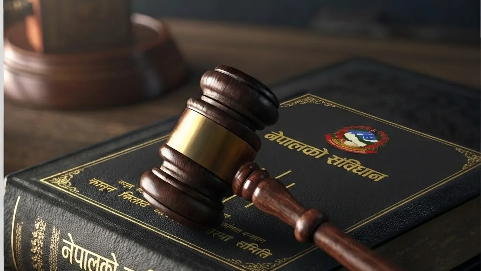 Constitution of Nepal Book and Gavel on a desk