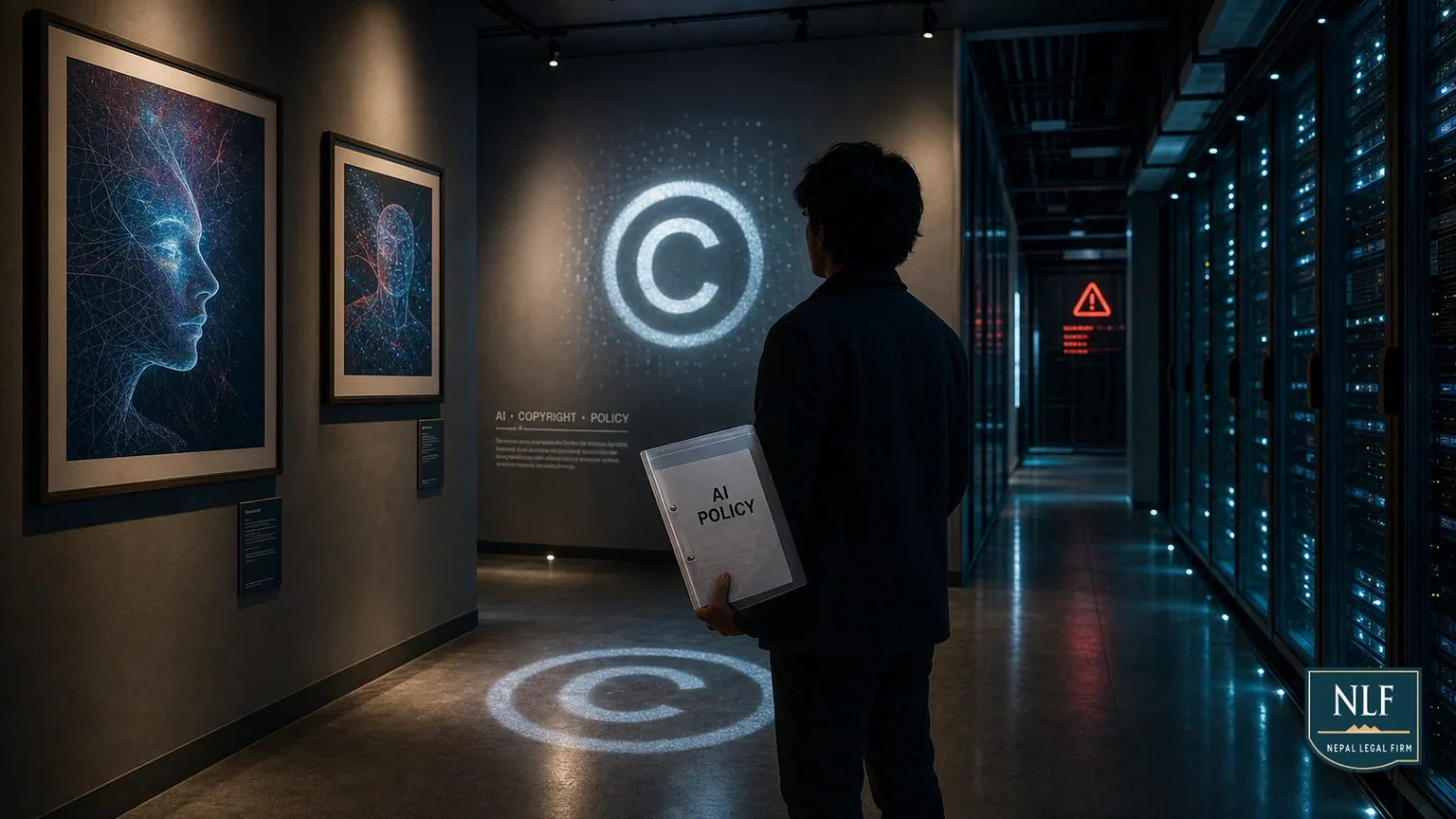 AI Law in Nepal: Copyright, Policy & The Future (2025) - Nepal Legal Firm cover image for a legal guide about AI Policy 2082, Copyright Law, Tech Law.