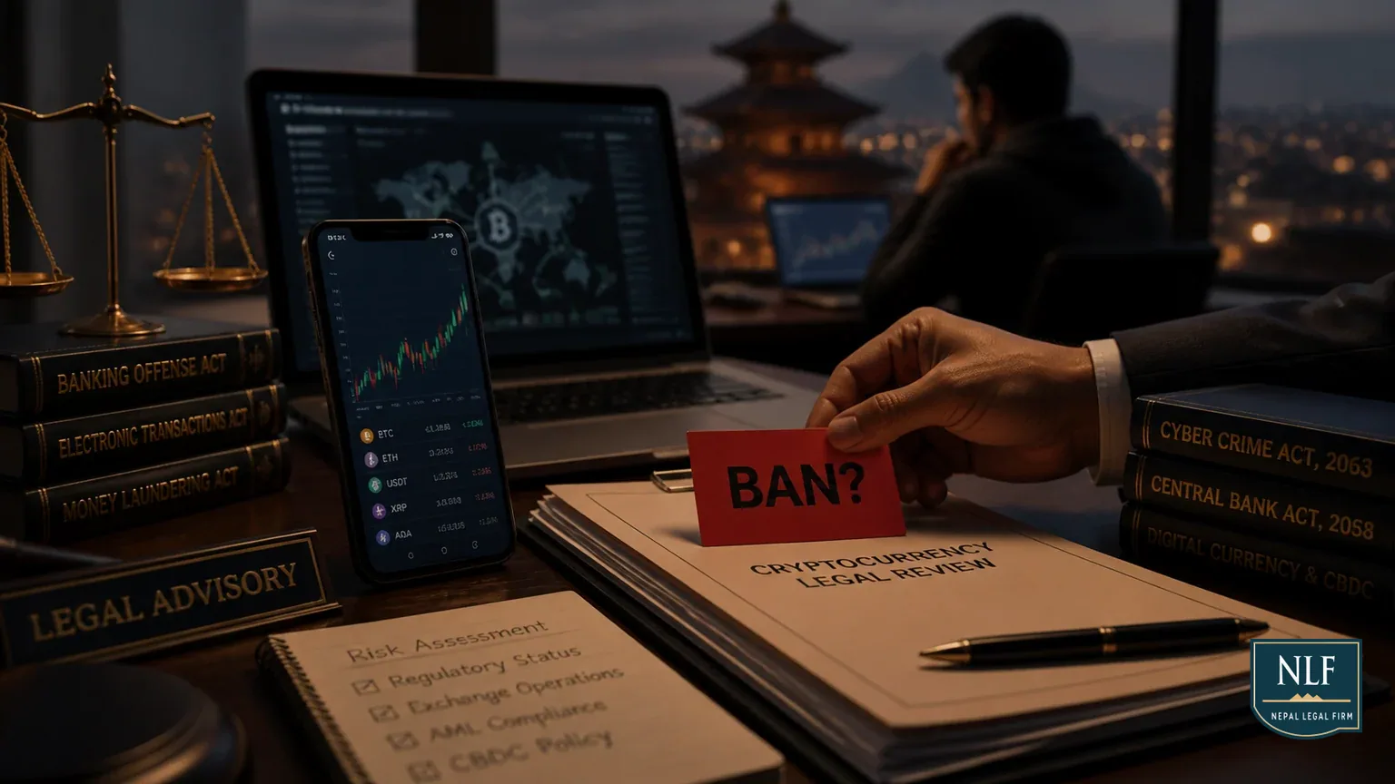 Is Crypto Legal in Nepal? The 2025 Reality Check (Arrests, Bans & CBDC) - Nepal Legal Firm cover image for a legal guide about Crypto Ban, Bitcoin Nepal, NRB Policy.