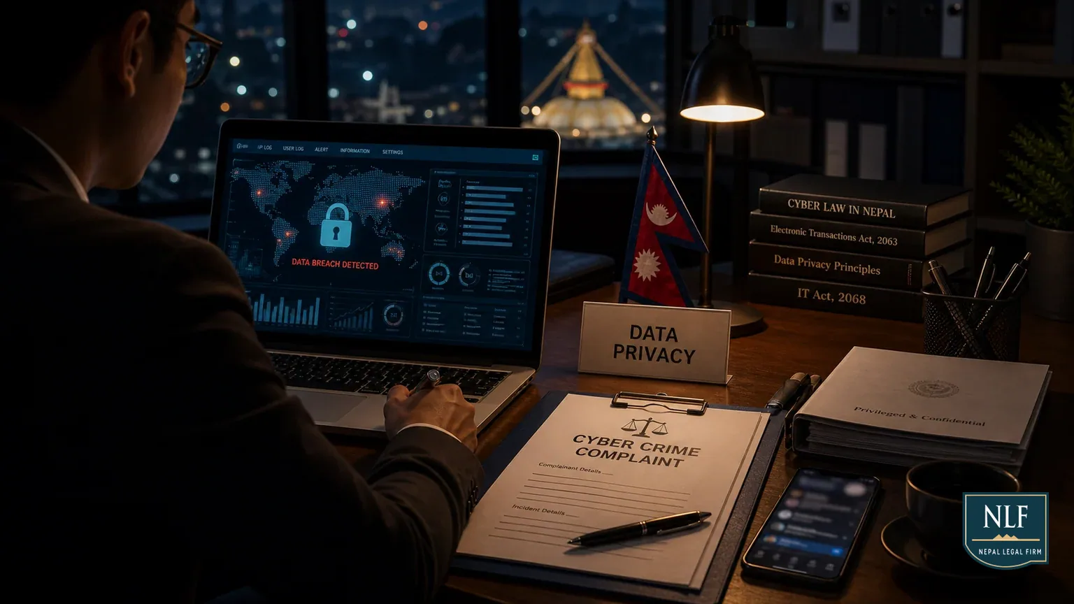 Cyber Crime & Data Privacy: Navigating the Digital Law of Nepal (2025) - Nepal Legal Firm cover image for a legal guide about Cyber Crime, Data Privacy, Electronic Transactions Act.