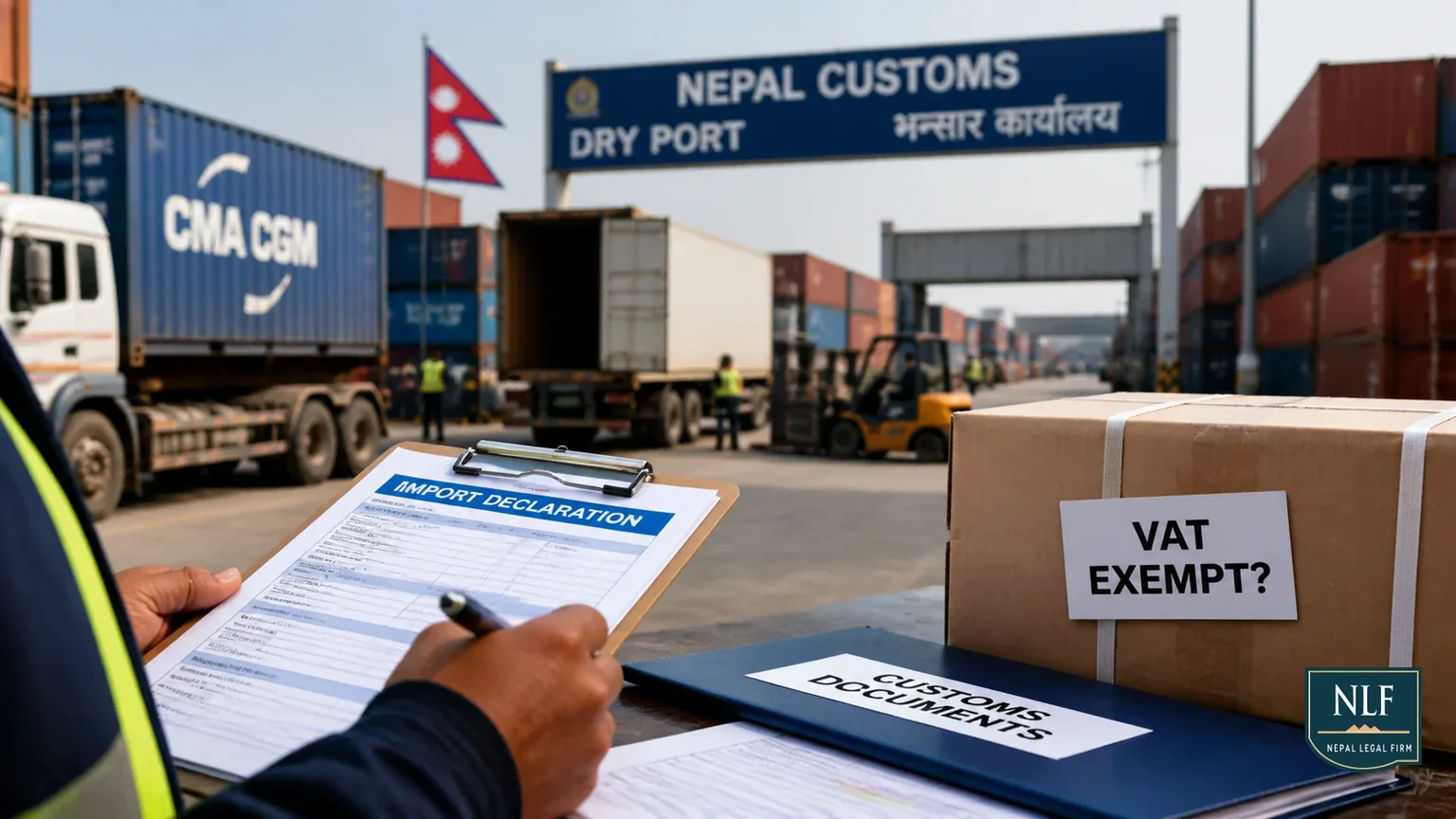 Import Clearance Process & VAT Exemptions in Nepal (2025 Guide) - Nepal Legal Firm cover image for a legal guide about customs clearance nepal, vat exempt goods nepal, asycuda world nepal.