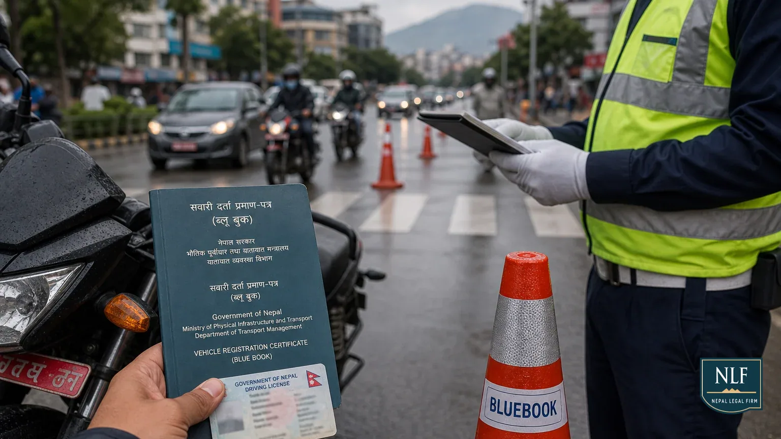 Traffic Fines & Bluebook Renewal Rules in Nepal (2025 Guide) - Nepal Legal Firm cover image for a legal guide about traffic rules, bluebook, transportation law.